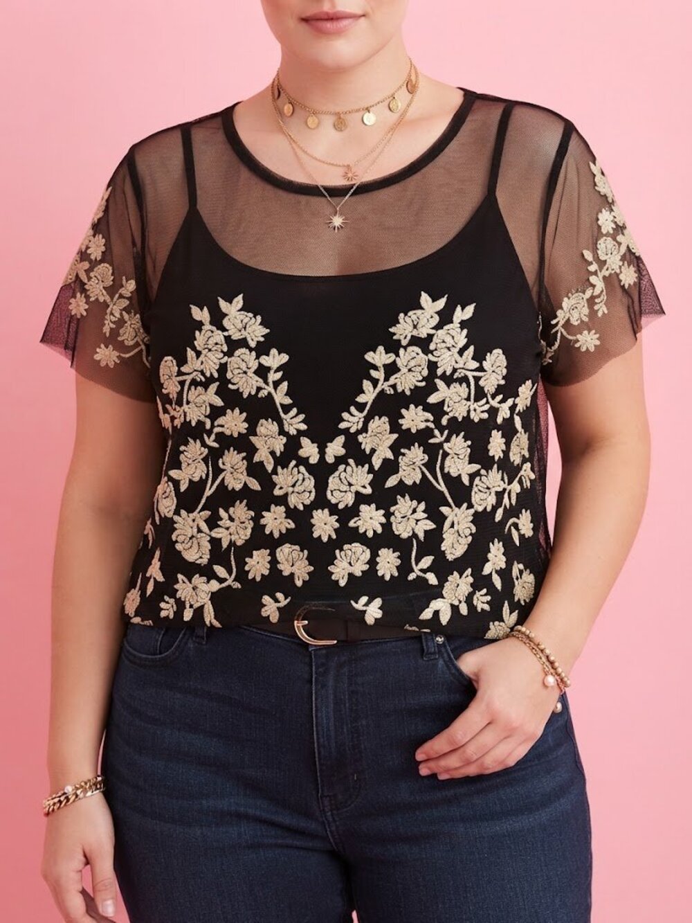 Torrid Black Sheer Floral Embroidered Short Sleeve Top